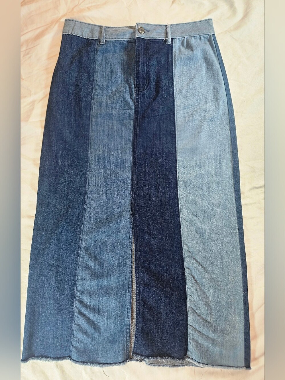 Est. 1946 Denim Womens Blue Patchwork Midi Front Slit Raw Hem Skirt Size 10